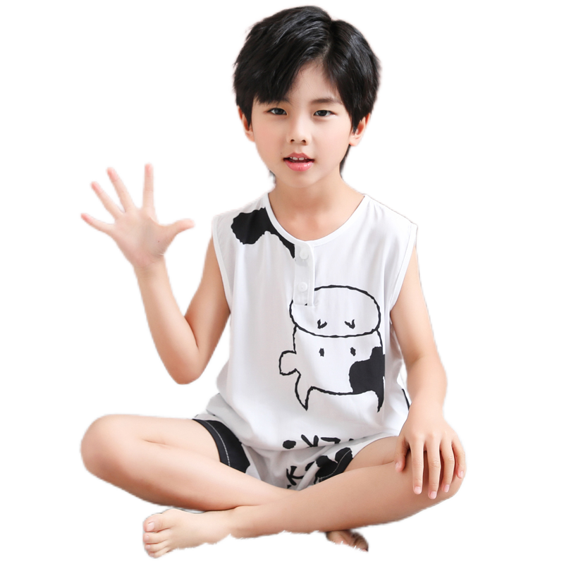 夏季薄款棉绸小孩背心套装夏天儿童男童睡衣宝宝绵绸人造棉家居服