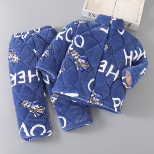 冬季男童男孩拉链法兰绒儿童睡衣加厚款珊瑚绒加绒三层夹棉家居服