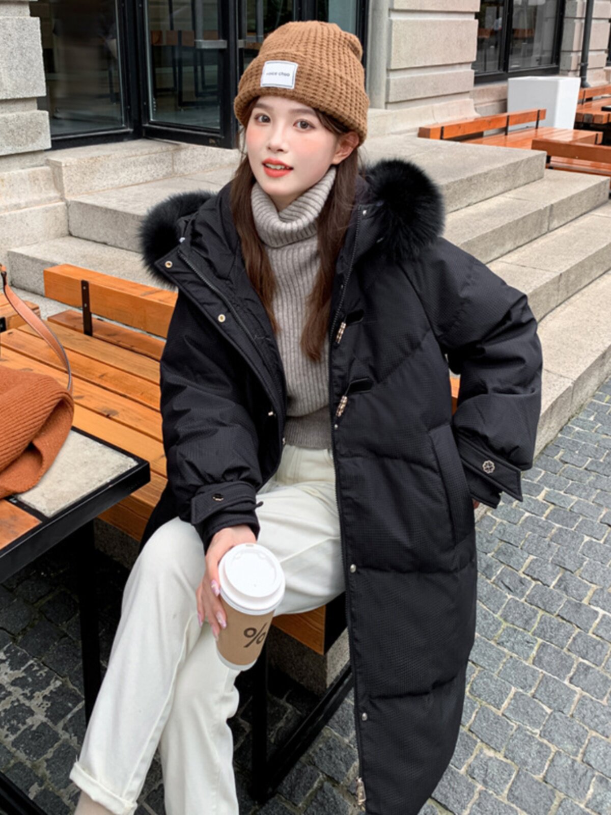 icicle之禾正品女装2024冬季宽松收腰连帽过膝显瘦大码羽绒服外套