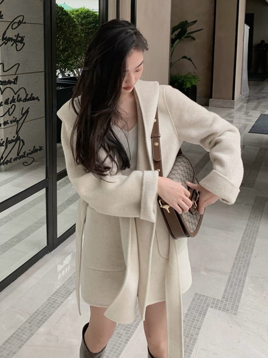 icicle之禾代购女装2024连帽双面羊绒海军领女中长款春季新品外套