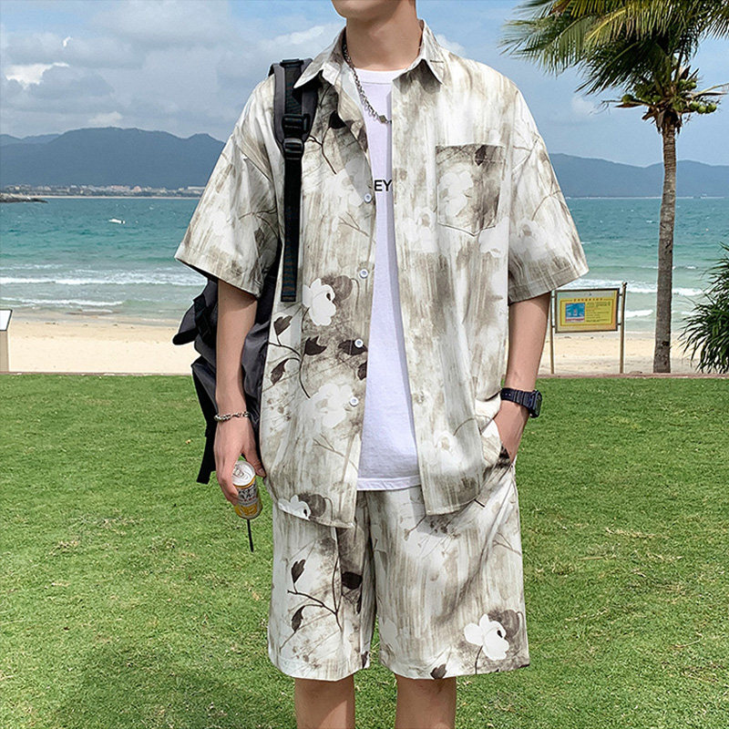 水墨冰丝花衬衫男夏季速干沙滩短裤海边旅游穿搭男生夏天情侣套装