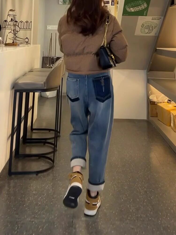 HIGH-WAISTED VELVET STRAIGHT-LEG JEANS WOMENS AUTUMN AND WINTER NEW PEAR-SHAPED BODY PLUS-SIZE SMALL MAN SKINNY HARLAN DAD PANTS