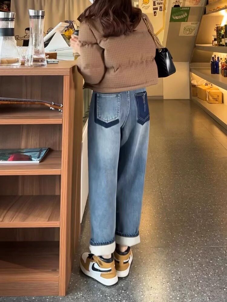 HIGH-WAISTED VELVET STRAIGHT-LEG JEANS WOMENS AUTUMN AND WINTER NEW PEAR-SHAPED BODY PLUS-SIZE SMALL MAN SKINNY HARLAN DAD PANTS