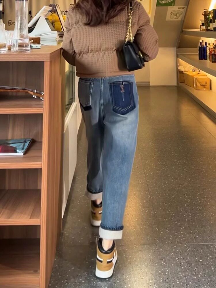 HIGH-WAISTED VELVET STRAIGHT-LEG JEANS WOMENS AUTUMN AND WINTER NEW PEAR-SHAPED BODY PLUS-SIZE SMALL MAN SKINNY HARLAN DAD PANTS