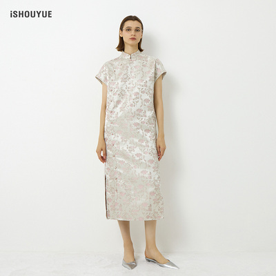 丹若粉提花立领新中式连衣裙