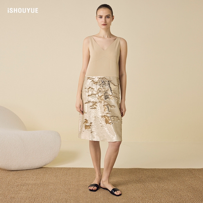 醋酸亮片V领连衣裙拼接少女风