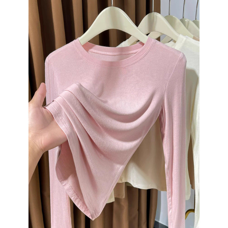 软糯薄款莫代尔内搭小衫上衣圆领t恤女长袖春秋款粉色针织打底衫