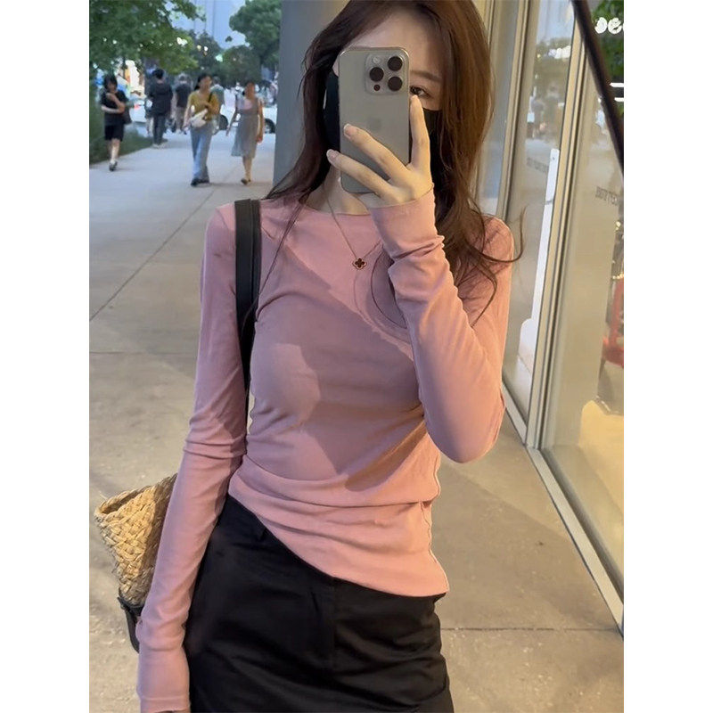 2026春新款粉色长袖打底T恤女小个子不规则下摆修身显瘦内搭上衣