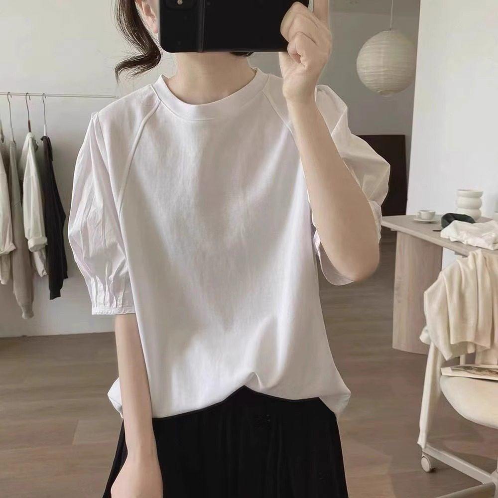 夏季欧货白色正肩短袖女宽松显瘦灯笼袖圆领小衫时尚半袖T恤上衣