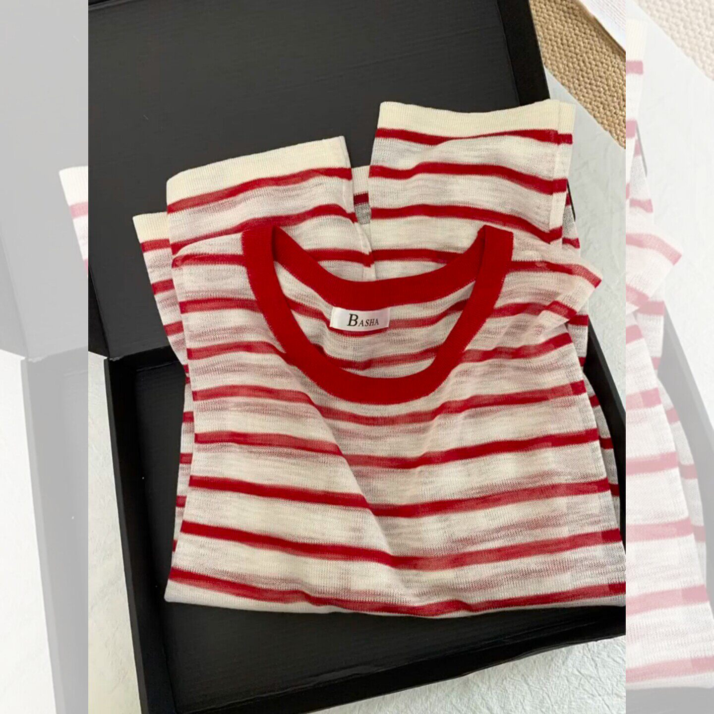 夏季红色条纹冰丝针织长袖T恤女宽松慵懒风防晒罩衫薄款外搭上衣