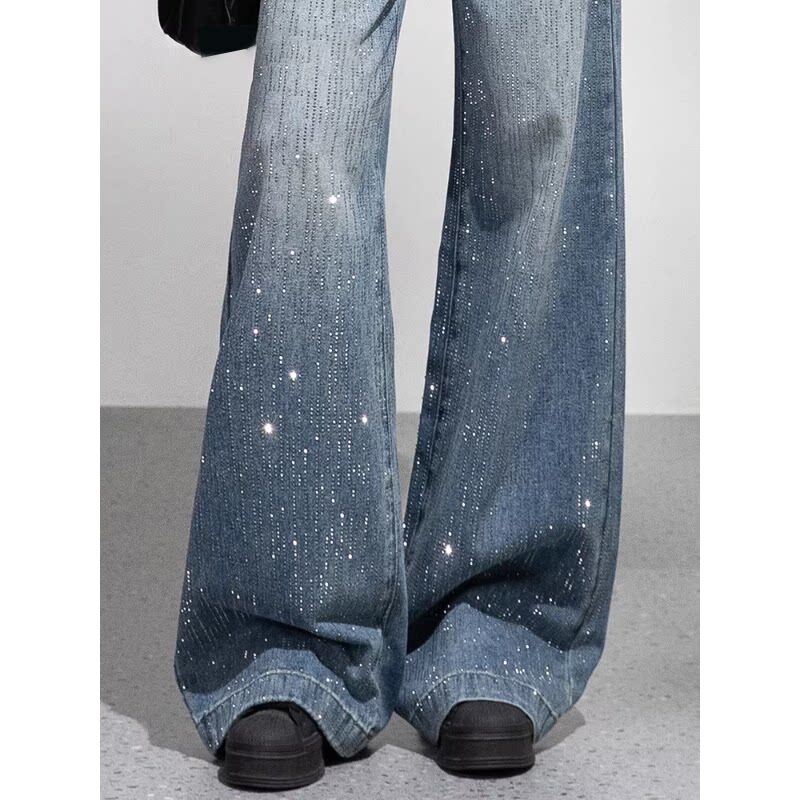 满天星烫钻阔腿牛仔裤女2026新款春季高腰垂感显瘦闪钻带钻直筒裤
