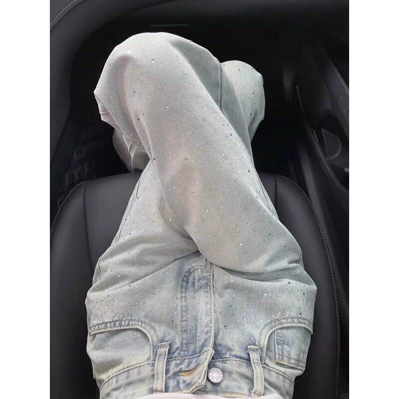 浅蓝烫钻阔腿牛仔裤女2026春季新款小个子显瘦宽松直筒设计感裤子