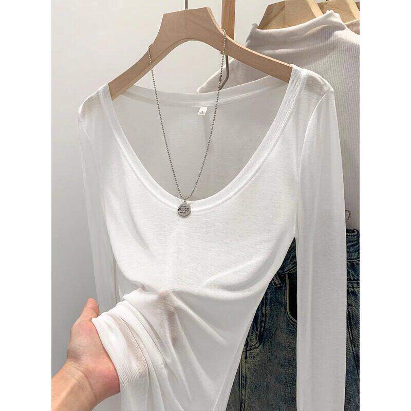 纯欲风白色U领冰丝T恤女2026春季薄款微透修身防晒长袖罩衫上衣潮