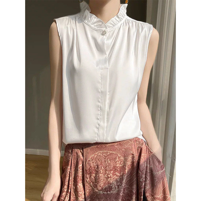 半高领木耳边缎面背心女白色春季新款宽松西装内搭无袖打底上衣潮