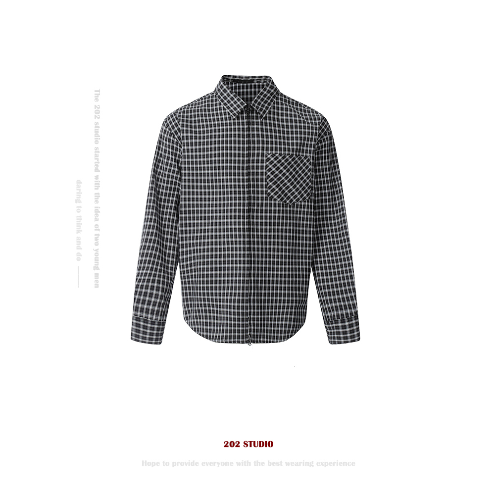 复古黑白格子拉链设计感长袖衬衫