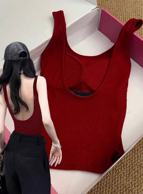 红色露背吊带背心女内搭u型美背文胸一体打底瑜伽带胸垫外穿上衣
