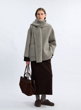 LIAC ROC2025冬季高级感轻奢羊驼毛中长款羊毛大衣外套含围巾