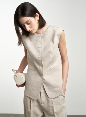 LIAC ROC春季新款套装亚麻马甲圆领背心女上衣阔腿裤显瘦直筒长裤