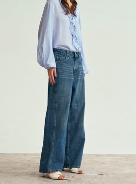 LIAC ROC 25春季新品擦色立体剪裁蓝色牛仔裤休闲百搭直筒阔腿裤