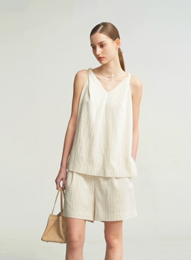 LIAC ROC春夏条纹亚麻混纺套装绞花V领吊带细条麻短裤阔腿长裤