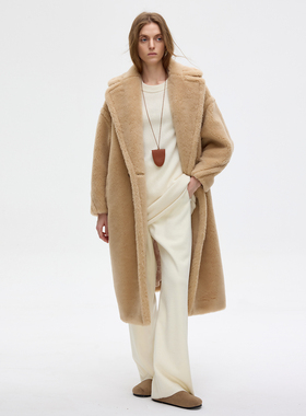 LIAC ROC燕麦色泰迪熊大衣2025冬季廓形中长款羊毛皮草外套