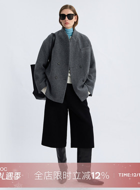 LIAC ROC 经典西装领针织30%羊毛大衣女秋冬灰色新款中长款外套