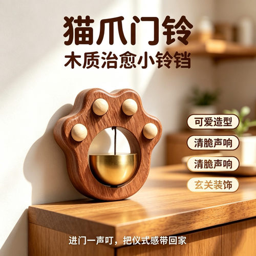 猫爪多巴胺檀门铃提醒挂件实木磁吸门铃可爱铃铛实木门创意装饰pd