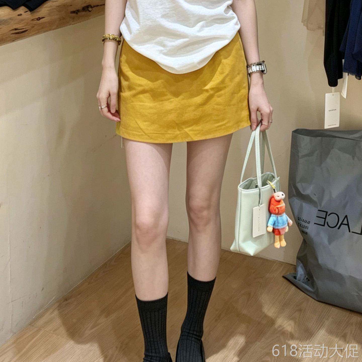 双侧拉链开叉短裙大码a字裙姜黄色遮肚亚麻裤裙胖mm防走光半身裙