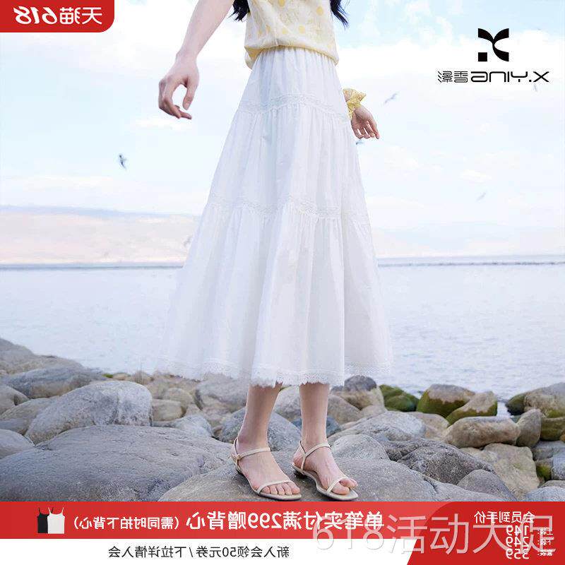 香影白色半身裙女夏2026新款海边度假风蕾丝拼接a字蛋糕裙小白裙