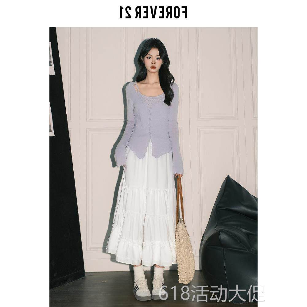 Forever21轻春白色雪纺a字裙女士垂坠甜美蛋糕裙高腰仙女长裙