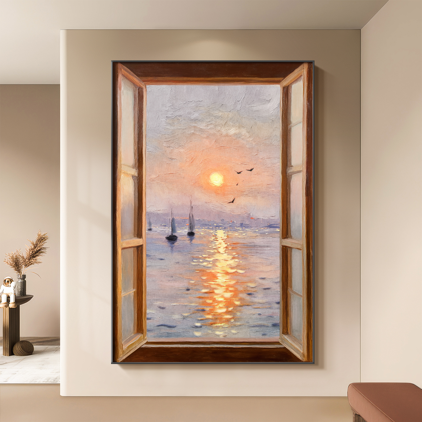 窗外海景入户玄关装饰画肌理感客厅沙发背景墙挂画高级感餐厅壁画