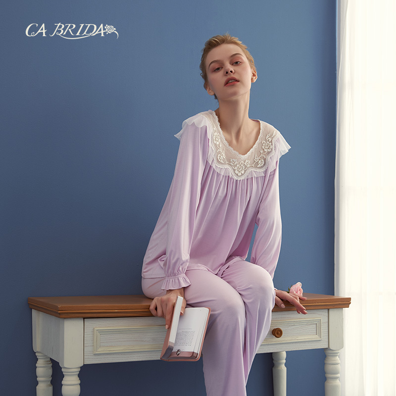 【微瑕疵捡漏】春夏法式刺绣花边裸感莫代尔睡衣套CKW4C818AB1