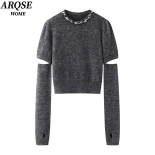 艾诺丝旺京2025冬款烫钻圆领可拆卸袖套打底针织衫毛衣上衣女4154