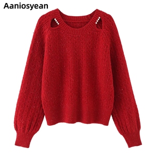 艾诺丝旺京安可拉红毛衣女2025冬季新款慵懒法式针织衫上衣0354