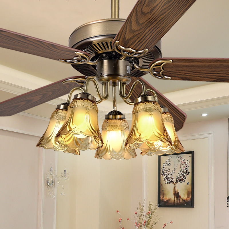 美式复古大气铁叶风扇灯客厅传统餐厅饭厅木叶变频吊扇灯直叶吊扇
