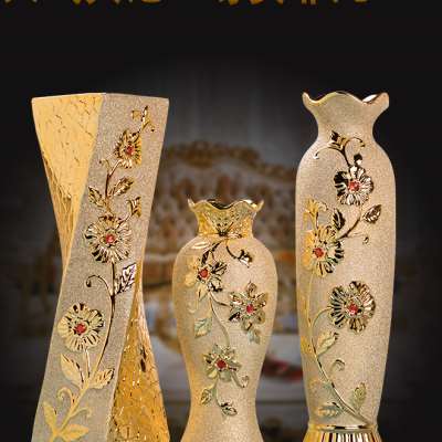 陶瓷花瓶高筒现代家居大件摆件金色花朵  客厅插花花艺花器向日葵