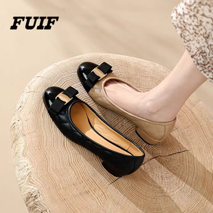 蝴蝶结粗跟休闲低跟单鞋 气质拼色格纹皮面妈妈装 女士法式 浅口单鞋