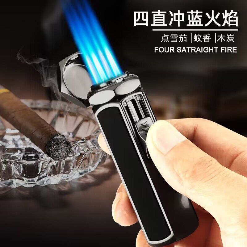 网红四火焰直冲防风充气打火机金属点雪茄艾灸大火力耐用定制刻字