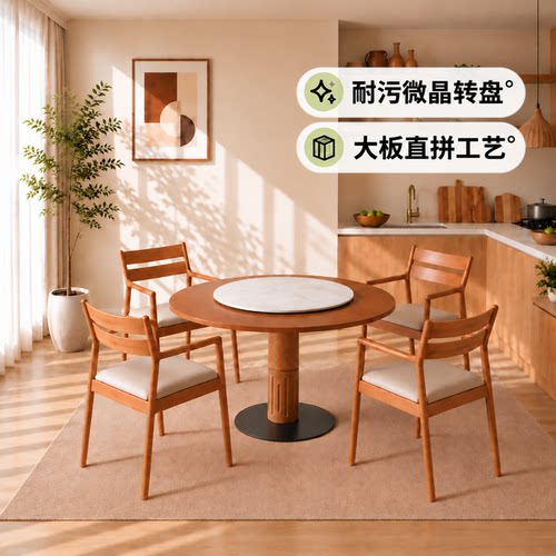 现代简约榆木实木微晶转盘圆餐桌