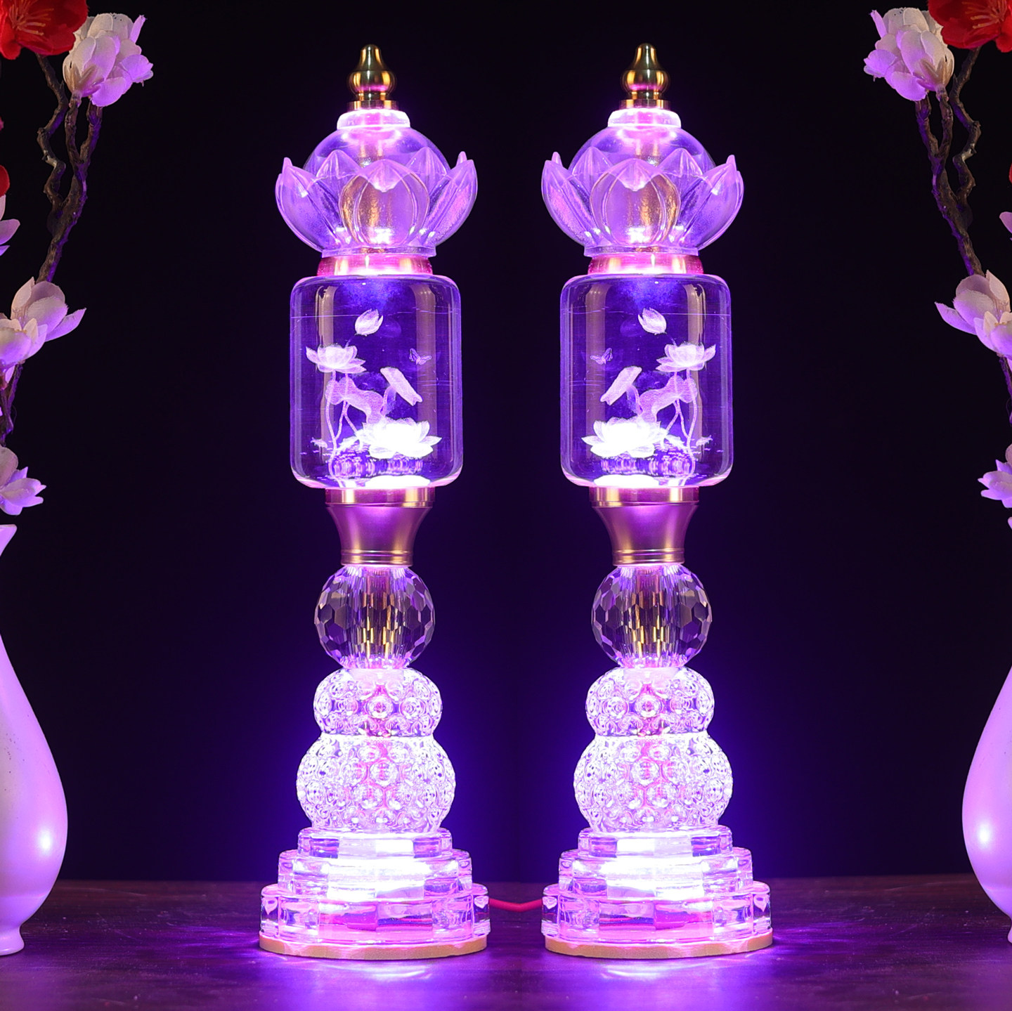 水晶莲花台灯LED发光佛供灯家用供奉台灯具透明色招财灯