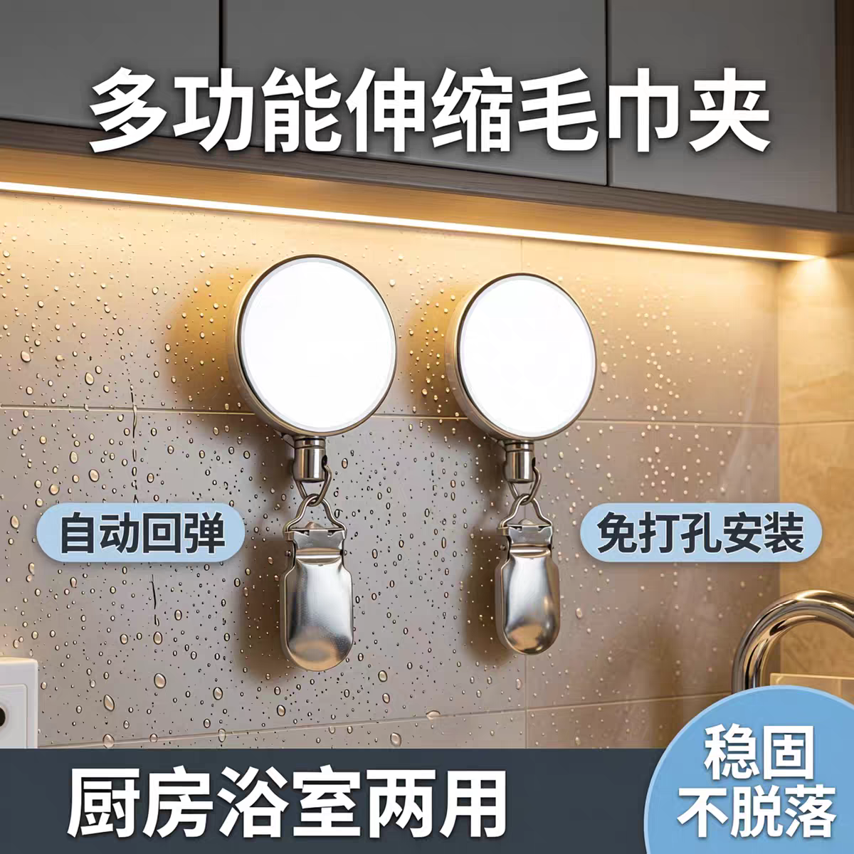 多功能伸缩夹厨房毛巾挂绳自动回弹伸缩挂钩免打孔浴巾固定挂钩