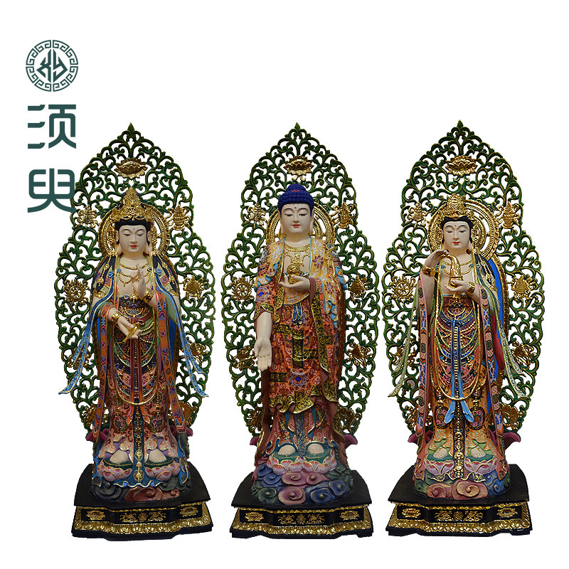 家用樟木西方三圣木雕佛像