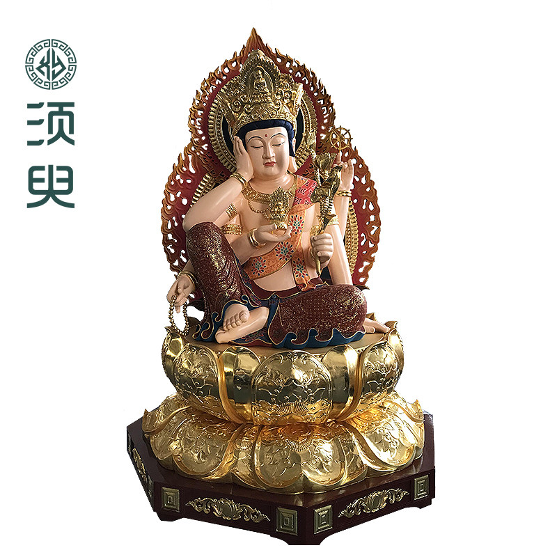 实木柚木雕刻贴金彩绘如意轮观音