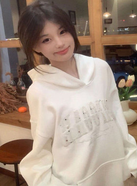 美式复古白色刺绣连帽卫衣女学生百搭显瘦休闲气质学院风上衣潮流