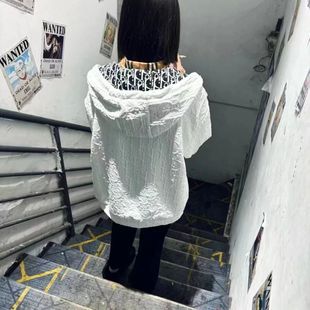 网红穿搭立体印压提花拼色连帽卫衣春秋新款学生开衫外套潮流夹克