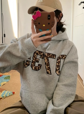 灰色数字豹纹贴布绣连帽卫衣女2025爆款加绒加厚oversize宽松外套