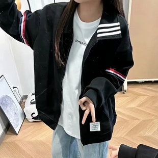 复古潮流三条杠拉链翻领卫衣秋冬加绒加厚宽松百搭oversize上衣