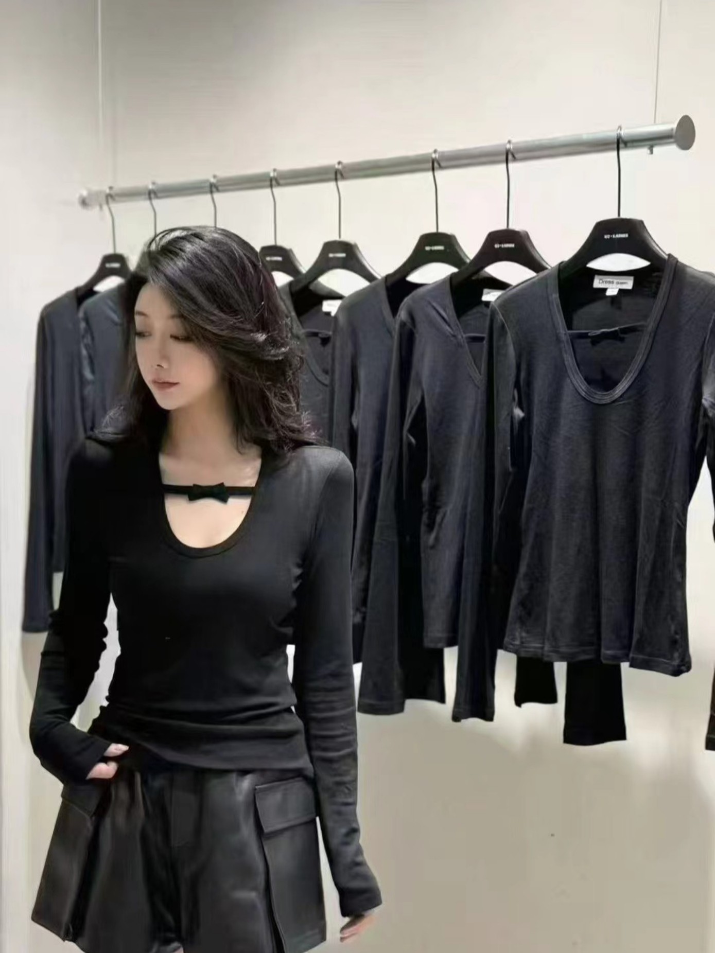 辣妹纯欲风镂空领结长袖T恤女装秋季新款性感显瘦内搭打底上衣潮
