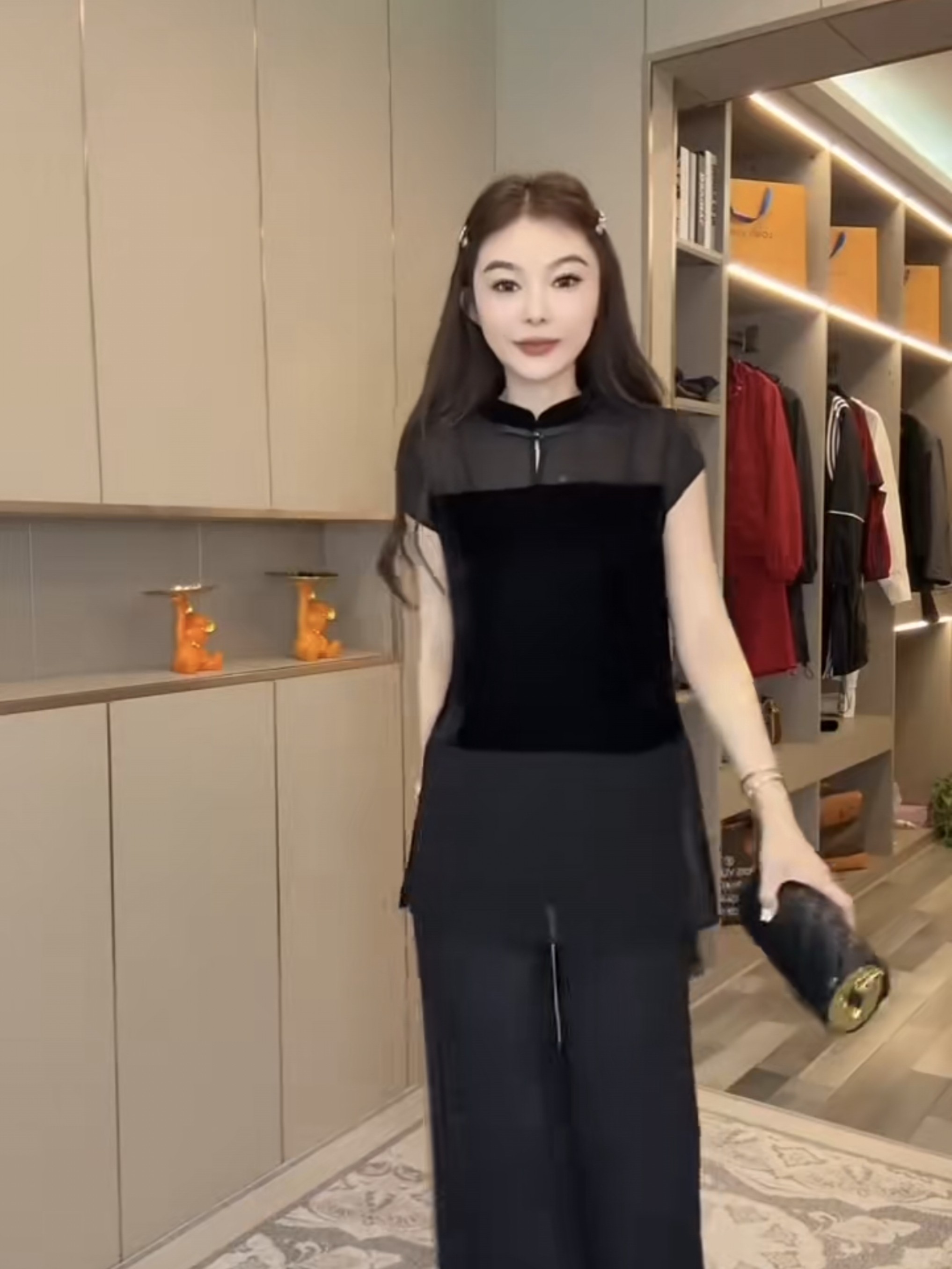 新中式气质立领盘扣小黑裙女夏装款超好看网纱拼接短袖丝绒中长裙