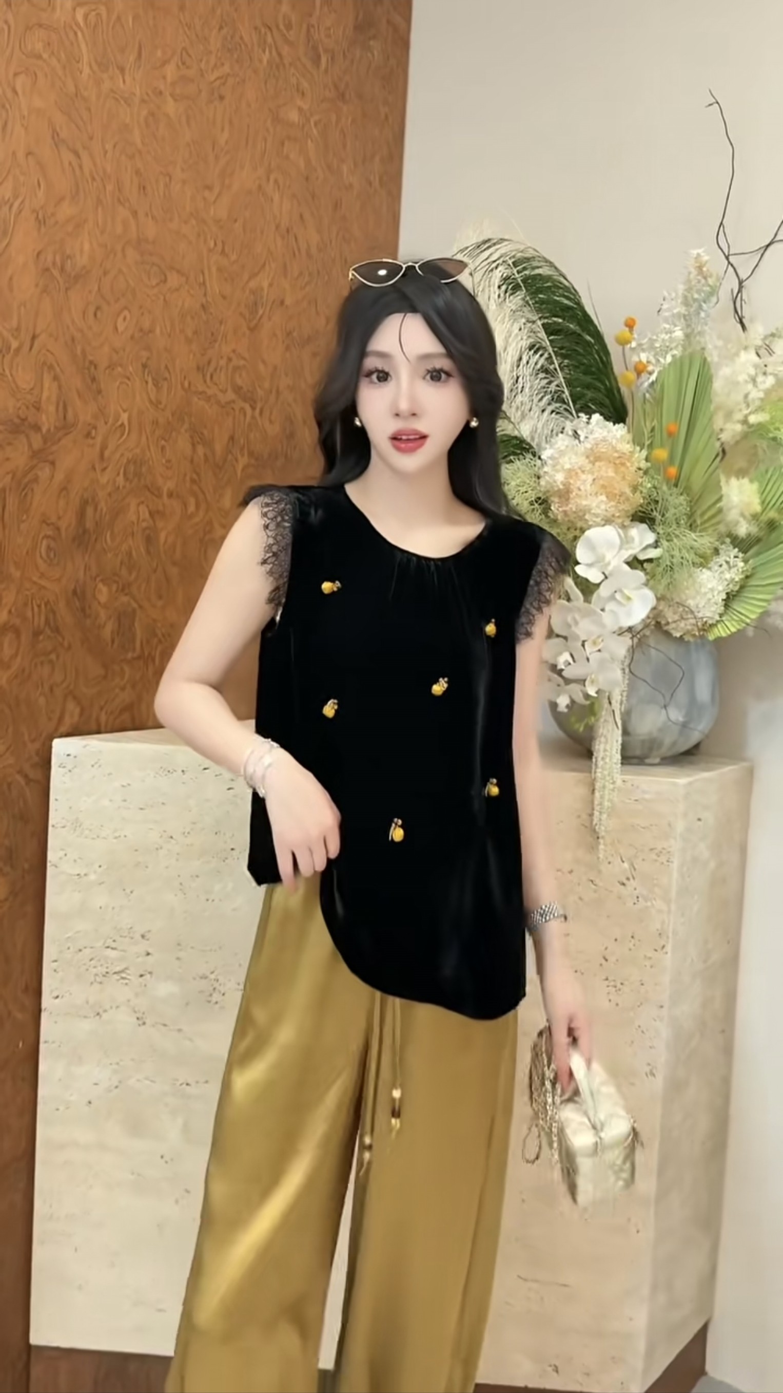 夏季法式黑色丝绒蕾丝小飞袖背心
